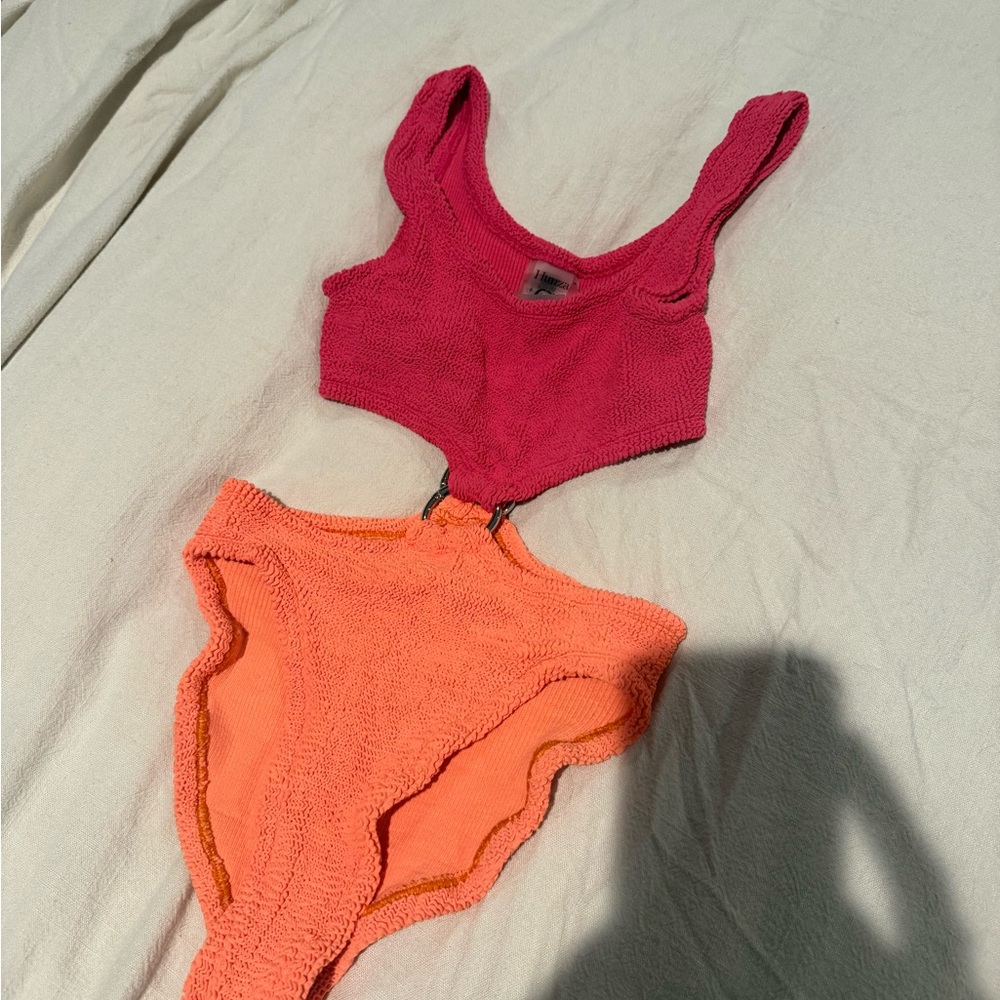 Hunza G Pink and Orange one piece with cutouts